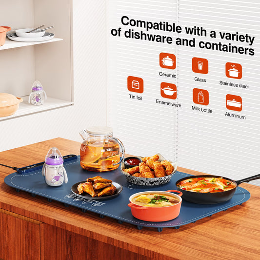 Elevate Your Dining Experience with the Versatile Dark Blue Electric Food Warming Mat - 8 Adjustable Temperatures for Perfectly Heated Dishes!