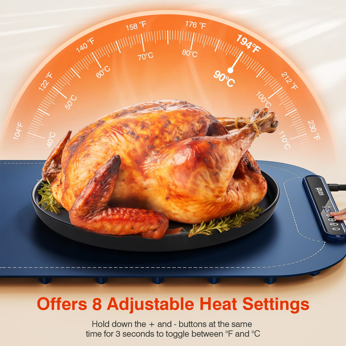 Elevate Your Dining Experience with the Versatile Dark Blue Electric Food Warming Mat - 8 Adjustable Temperatures for Perfectly Heated Dishes!