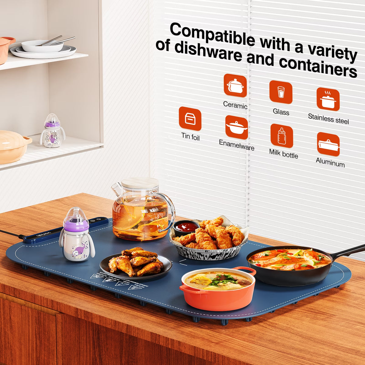 Elevate Your Dining Experience with the Versatile Dark Blue Electric Food Warming Mat - 8 Adjustable Temperatures for Perfectly Heated Dishes!