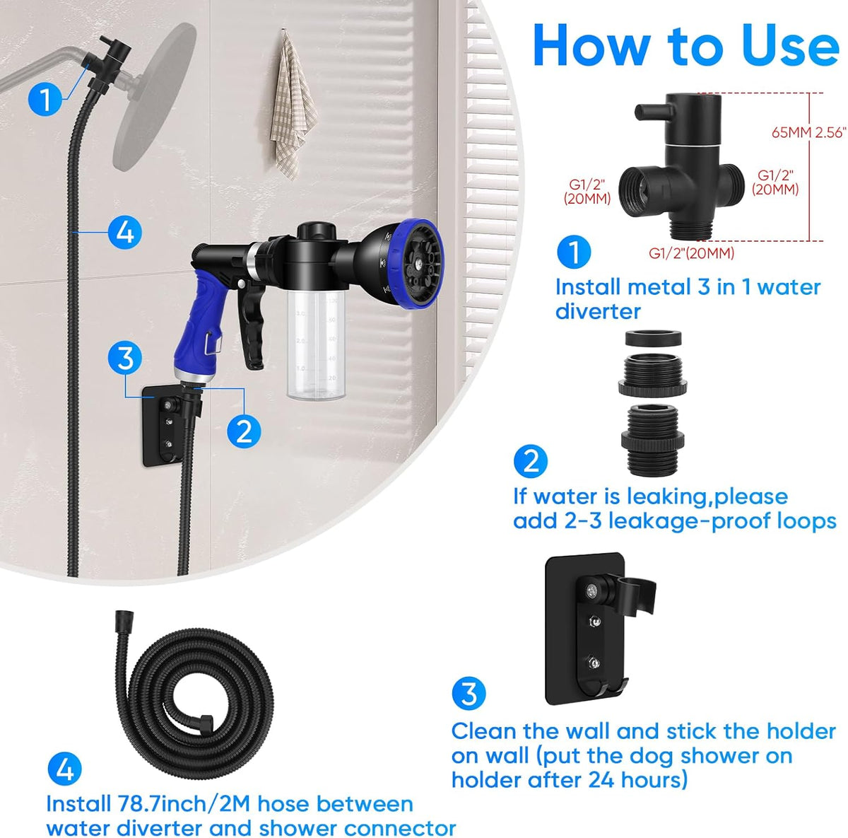 Versatile Dog Shower Attachment with 3-Way Diverter and 6.6 Ft Hose for Effortless Pet Washing